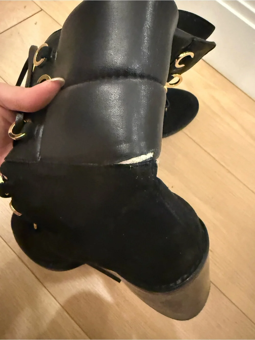 Stuart Weitzman Black Suede Lace-Up Ankle Boots with Gold Hardware